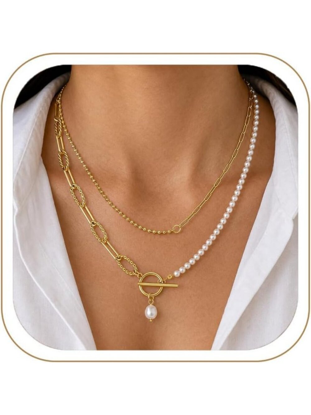 Dainty Layered Pearl Necklace - 14K Gold Plated Beaded Toggle Clasp Jewelry Gift